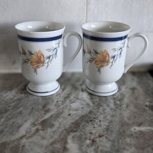 Princess House Floral Pedestal Mugs in White, Yellow and Blue Set of 2